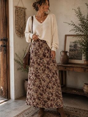 J. Jill Petite 8P Floral Maxi Skirt NWT Rayon Lined Fawn Multi Y2K Vintage